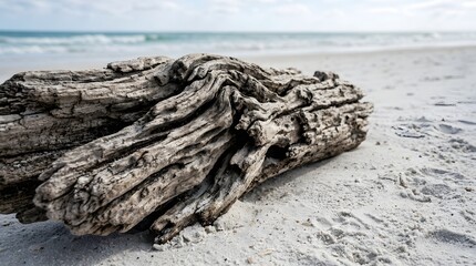 Fototapeta premium Weathered piece of textured driftwood shows intricate patterns and organic grooves on a dry bleached wooden surface