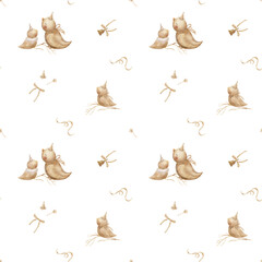 Pattern birds chick in vintage party hat, beige stars ribbon bow bell. Watercolor illustration hand-drawn. Seamless print in children's style, isolated background for design fabrics clothing wallpaper © Anastasia Brekhova