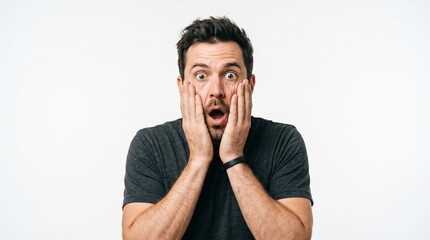 Naklejka premium Shocked young man with hands on his face isolated on white background
