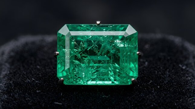 A vibrant emerald gemstone features a rectangular step cut with visible natural internal inclusions and complex crystalline patterns