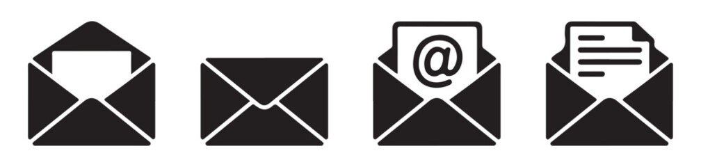 Solid black mail icons showing open envelope with letter and email at sign on transparent background. © Bd Artist