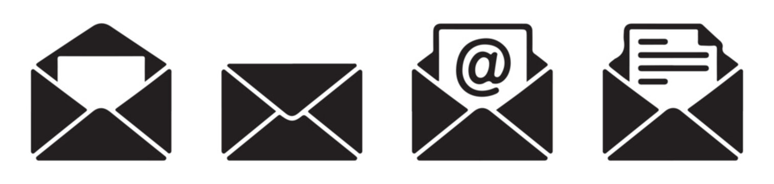 Solid black mail icons showing open envelope with letter and email at sign on transparent background.