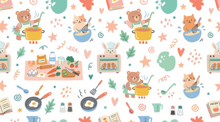 Fototapeta premium Cute seamless pattern of animals cooking and baking in a whimsical art style