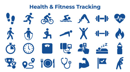 Fototapeta premium Health and Fitness Tracking Icons Collection Representing Exercise Nutrition and Wellness Activities