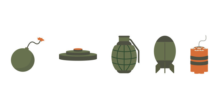 Flat Design Vector Set of Different Types of Bombs and Explosives