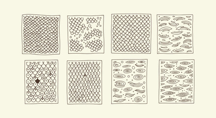 Hand Drawn Fish Scale Texture Pattern Set with Abstract Organic Mermaid and Dragon Skin Elements © RUMA