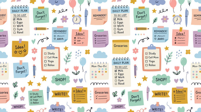 Cute Planner Sticky Notes and Stationery Seamless Pattern, Vector Illustration