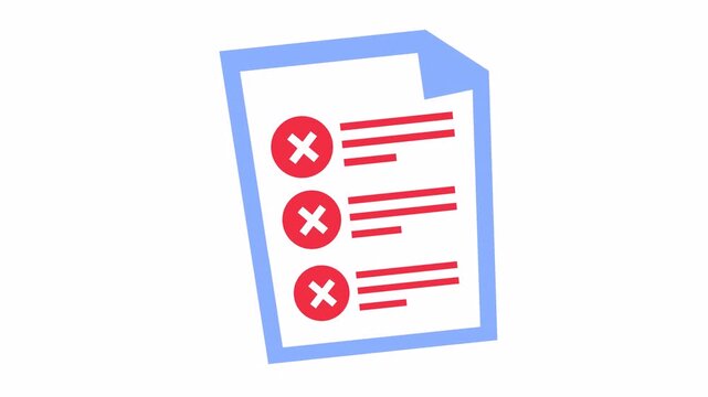Failed checklist document icon with red cross marks in the alpha channel. Rejected task list paper with error checkmark for business data validation in a cartoon animation.