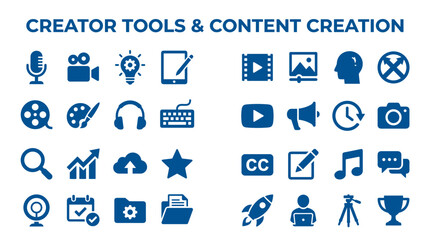 Fototapeta premium Collection of creative tools and content creation icons representing digital media production and online broadcasting services