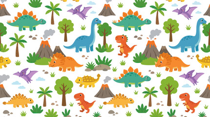 Fototapeta premium Cute Dinosaur Seamless Pattern, Cartoon Style, Vector Illustration