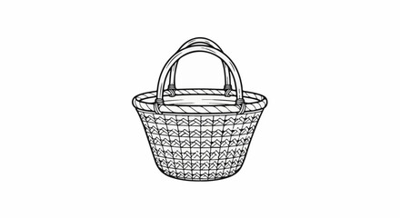 Obraz premium Woven basket with two curved handles, black and white illustration