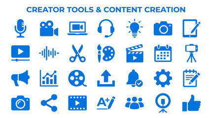 Collection of blue digital icons representing creator tools and content creation for digital media production and online broadcasting © Iconique Studio