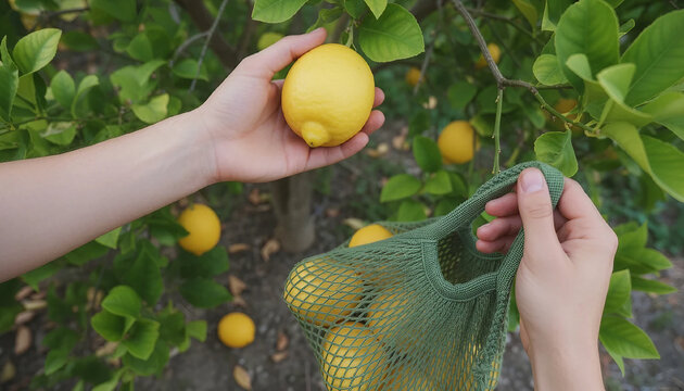 Close up of picking fresh lemons in a sunny orchard