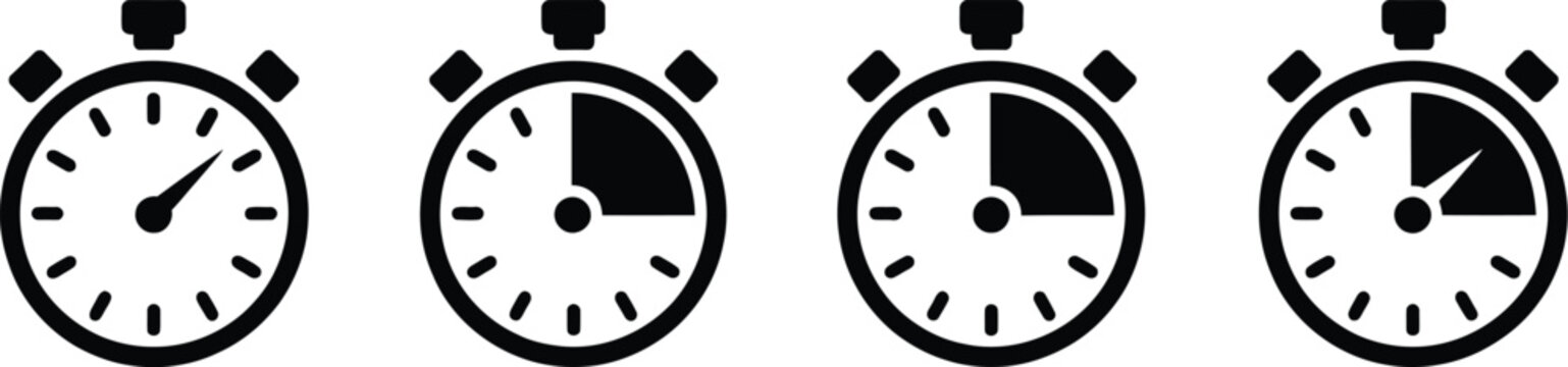 Stopwatch icon set with alarm pictogram and timer symbol in minimal outline vector design for scheduling and time control