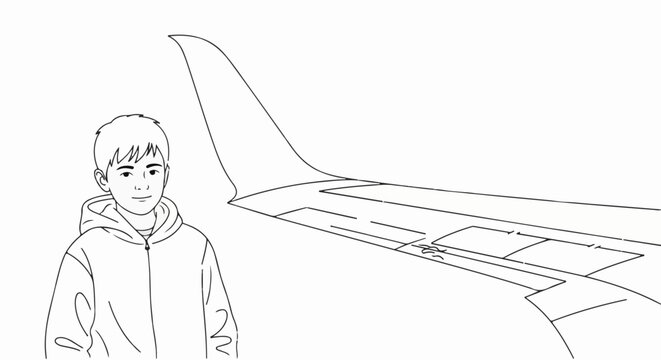 Young boy standing next to airplane wing, looking towards viewer