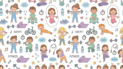 Fototapeta premium Cute Kids Doing Fitness Exercises, Yoga, and Sports - Vector Pattern