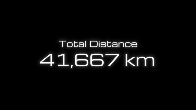 Digital odometer animation counting to 100,000 km with a flashing milestone alert on a black background