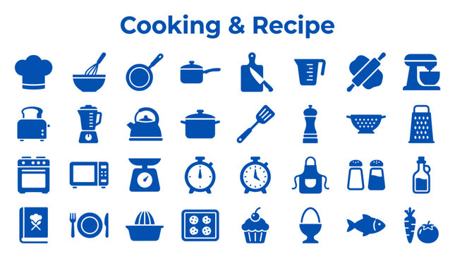Collection of blue cooking and recipe icons representing kitchen utensils and food preparation tools on a white background