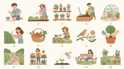 Fototapeta premium Flat illustration of people gardening, growing plants, with fruits, vegetables, and flowers.