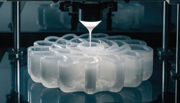 Medium shot of a polymerbased pump impeller being carefully produced on a resin 3D printer highlighting smooth surfaces and rapid prototyping for fluid dynamics testing.