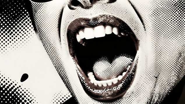 Screaming Expression: A close-up view captures the raw emotion of an open mouth in a powerful scream, emphasizing the intensity of vocal expression.