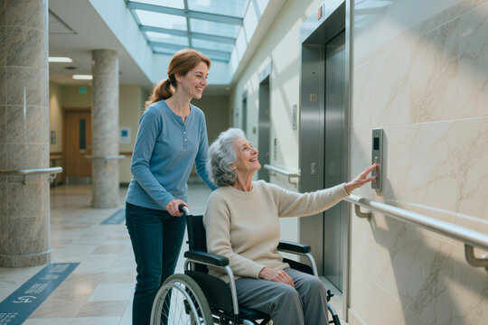 Senior Caucasian woman with disability pressing elevator button from wheelchair while young adult Caucasian caregiver assisting in medical facility