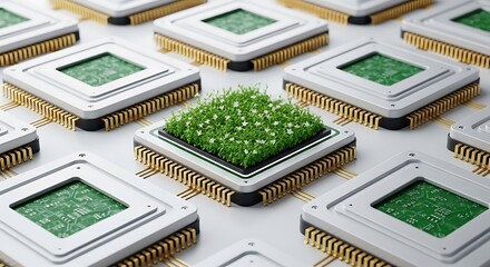 Fototapeta premium green cpu chips on circuit board technology