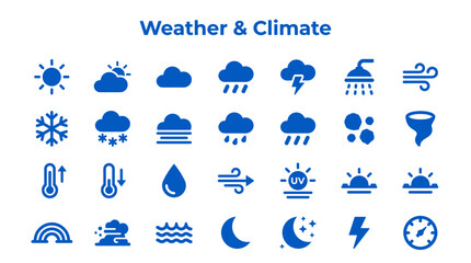 Naklejka premium Collection of blue weather and climate icons representing various meteorological phenomena like sun, clouds, rain, snow, lightning, wind, and temperature for forecasting and environmental concepts