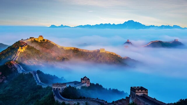 A breathtaking time-lapse video of the sunrise over the Great Wall at Jinshanling, with clouds and mist rolling over the ancient structure.
