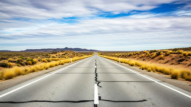 Straight asphalt road stretching through arid desert landscape with dry yellow grass hills and cloudy blue sky overhead.