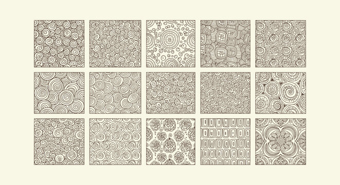 Set of Hand Drawn Seamless Doodle Patterns with Spirals, Circles, and Vintage Artistic Sketches.