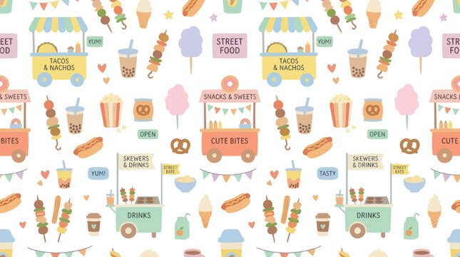Cute Cartoon Flat Design Seamless Pattern of Street Food Stalls, Snacks, and Drinks