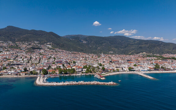 Aerial View of Altinoluk Coast with Aegean Sea and Kaz Mountains in Balikesir Turkey