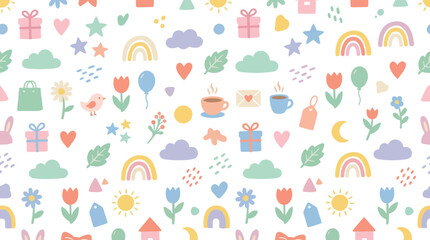 Obraz premium Cute Kawaii Seamless Pattern with Rainbows, Flowers, Clouds, Gifts