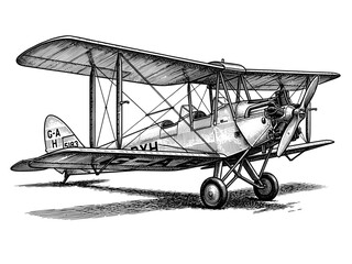 Vintage biplane aircraft on ground with propeller and tail wheel. Hand drawn vintage engraved, vector illustration. © Otpirus