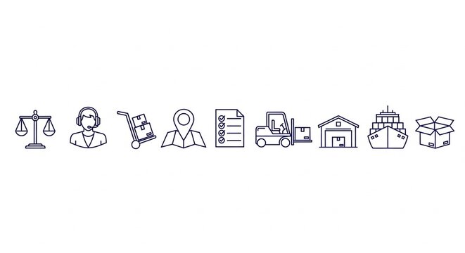 Logistics and delivery icons: scales, customer service, trolley, map, checklist, forklift, warehouse