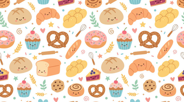 Cute Kawaii Bakery Food Pattern - Vector Illustration
