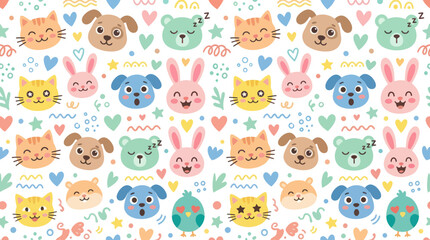 Fototapeta premium Cute Cartoon Animal Faces Seamless Pattern - Kids Flat Design Background for Nursery