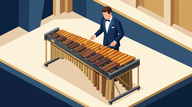 A stylized portrayal of a vibraphonist in formal attire playing a vibraphone, capturing the elegance and artistry of musical performance in a visually appealing way.