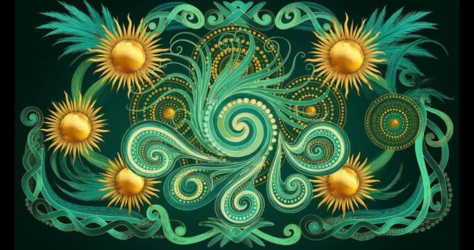 Abstract green and gold ornate pattern animated design motion graphic with swirling lines and dots.
