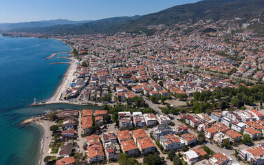 Naklejka premium Aerial View of Altinoluk Coast with Aegean Sea and Kaz Mountains in Balikesir Turkey