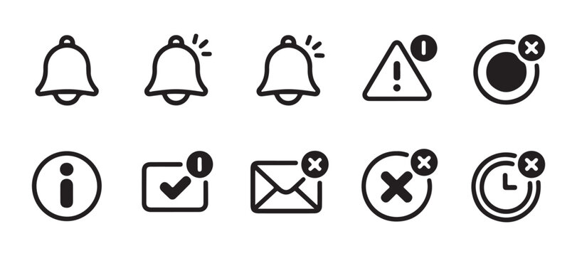 Outline notification icon set with ringing bells, warning, information, and cross symbols.