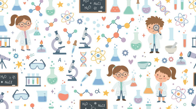 Cute Science Kids Pattern - Flat Vector Illustration for Education