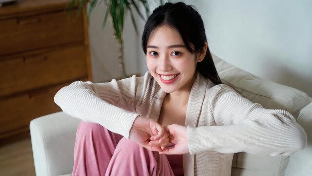 Young Asian Woman Smiling Comfortably at Home, Peaceful Lifestyle Portrait