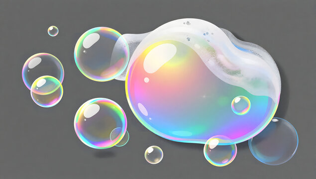 Illusionary Spheres: A collection of shimmering, iridescent bubbles float against a neutral background, each a miniature world reflecting light and color. Capturing the ephemeral beauty of bubbles.
