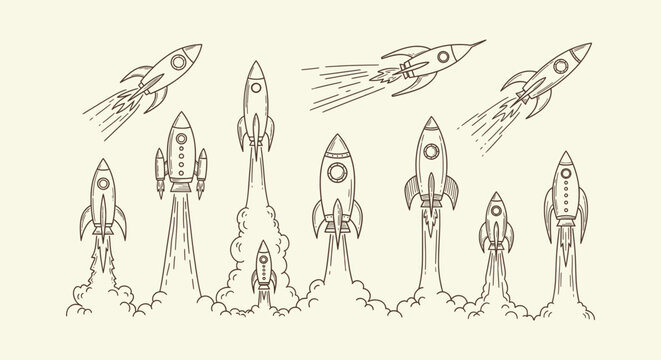 Set of hand drawn space rocket launch illustrations. Vintage style spacecraft and shuttle icons.