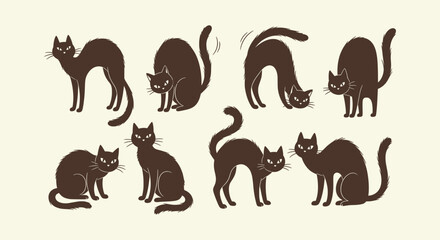 Collection of hand-drawn black cat silhouettes in various poses and movements for Halloween designs © RUMA