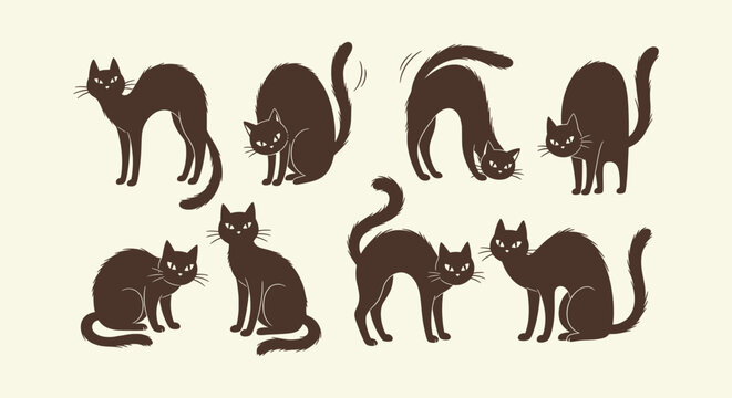 Collection of hand-drawn black cat silhouettes in various poses and movements for Halloween designs