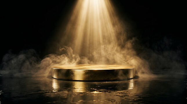 Spotlight Podium: A gleaming golden podium stands in a mystical ambiance, illuminated by a spotlight, and shrouded in wisps of ethereal mist.