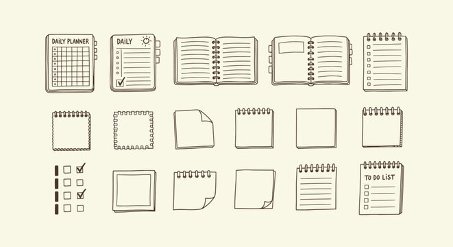 Hand Drawn Planner Icons Set with Notebooks, Sticky Notes, and To-Do Lists Vector Doodle Illustration